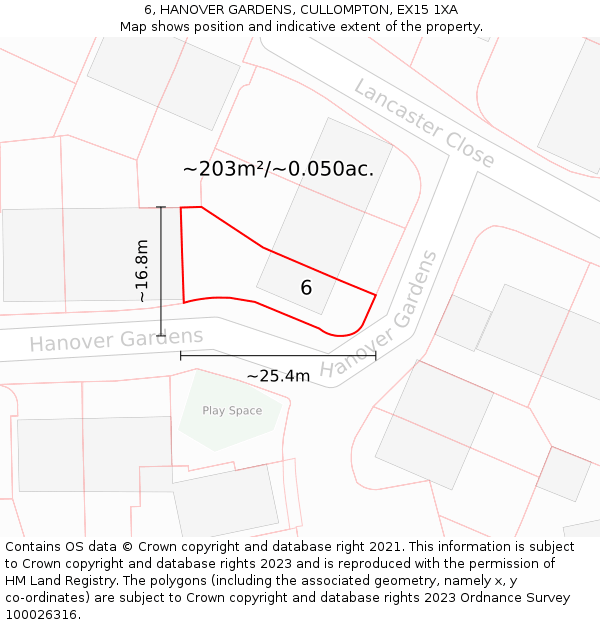 6, HANOVER GARDENS, CULLOMPTON, EX15 1XA: Plot and title map