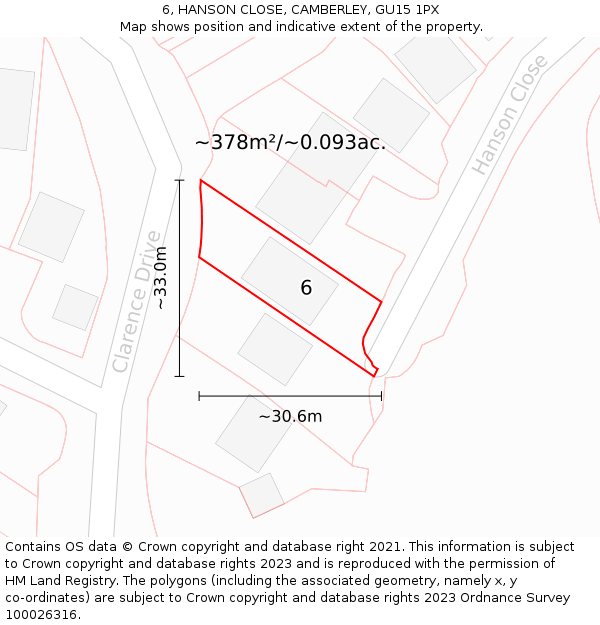 6, HANSON CLOSE, CAMBERLEY, GU15 1PX: Plot and title map