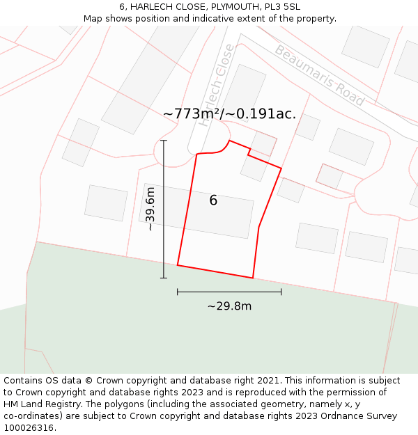 6, HARLECH CLOSE, PLYMOUTH, PL3 5SL: Plot and title map