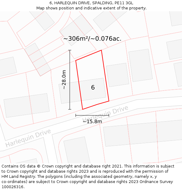 6, HARLEQUIN DRIVE, SPALDING, PE11 3GL: Plot and title map