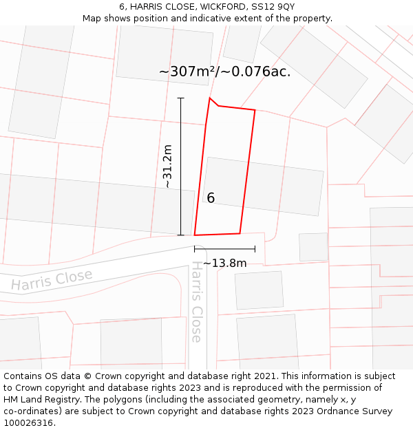 6, HARRIS CLOSE, WICKFORD, SS12 9QY: Plot and title map