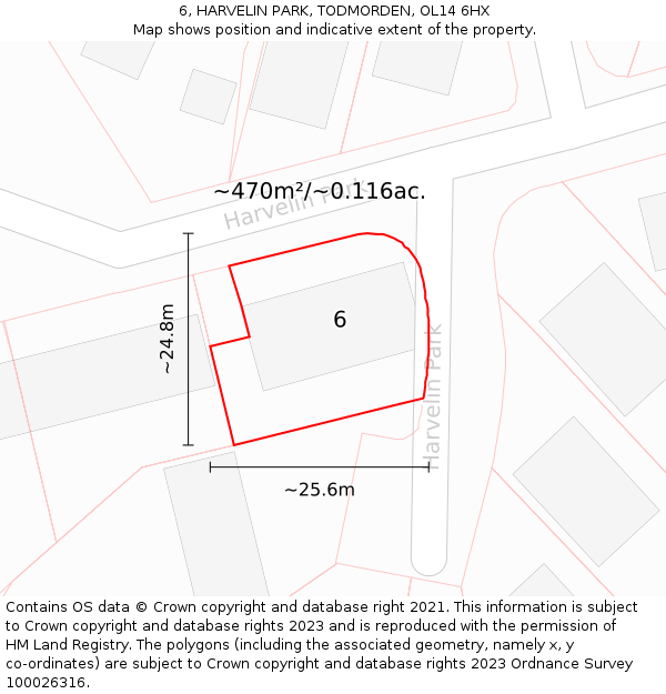 6, HARVELIN PARK, TODMORDEN, OL14 6HX: Plot and title map