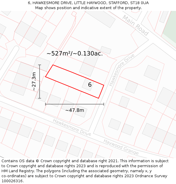 6, HAWKESMORE DRIVE, LITTLE HAYWOOD, STAFFORD, ST18 0UA: Plot and title map