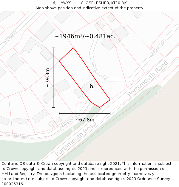 6, HAWKSHILL CLOSE, ESHER, KT10 8JY: Plot and title map