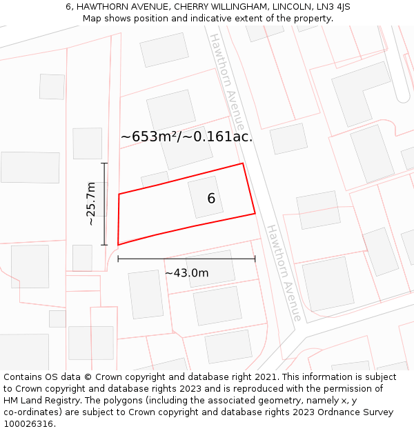 6, HAWTHORN AVENUE, CHERRY WILLINGHAM, LINCOLN, LN3 4JS: Plot and title map