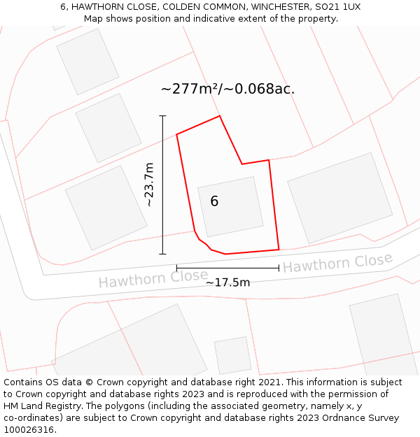 6, HAWTHORN CLOSE, COLDEN COMMON, WINCHESTER, SO21 1UX: Plot and title map
