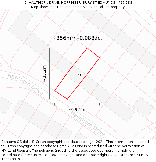 6, HAWTHORN DRIVE, HORRINGER, BURY ST EDMUNDS, IP29 5SS: Plot and title map