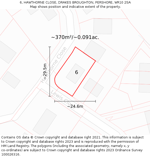 6, HAWTHORNE CLOSE, DRAKES BROUGHTON, PERSHORE, WR10 2SA: Plot and title map