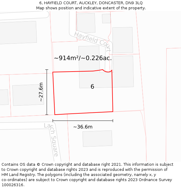 6, HAYFIELD COURT, AUCKLEY, DONCASTER, DN9 3LQ: Plot and title map