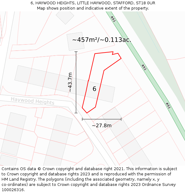 6, HAYWOOD HEIGHTS, LITTLE HAYWOOD, STAFFORD, ST18 0UR: Plot and title map
