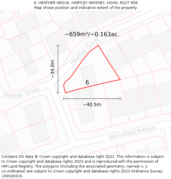 6, HEATHER GROVE, HARTLEY WINTNEY, HOOK, RG27 8SE: Plot and title map