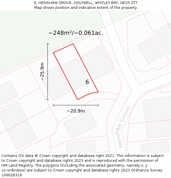 6, HENSHAW GROVE, HOLYWELL, WHITLEY BAY, NE25 0TT: Plot and title map