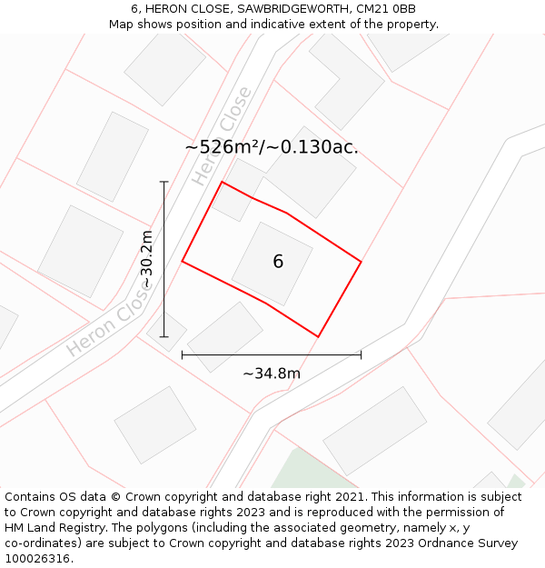 6, HERON CLOSE, SAWBRIDGEWORTH, CM21 0BB: Plot and title map