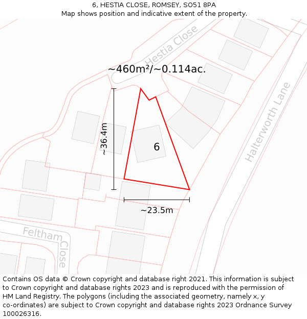 6, HESTIA CLOSE, ROMSEY, SO51 8PA: Plot and title map