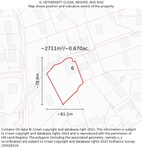 6, HETHERSETT CLOSE, REIGATE, RH2 0HQ: Plot and title map