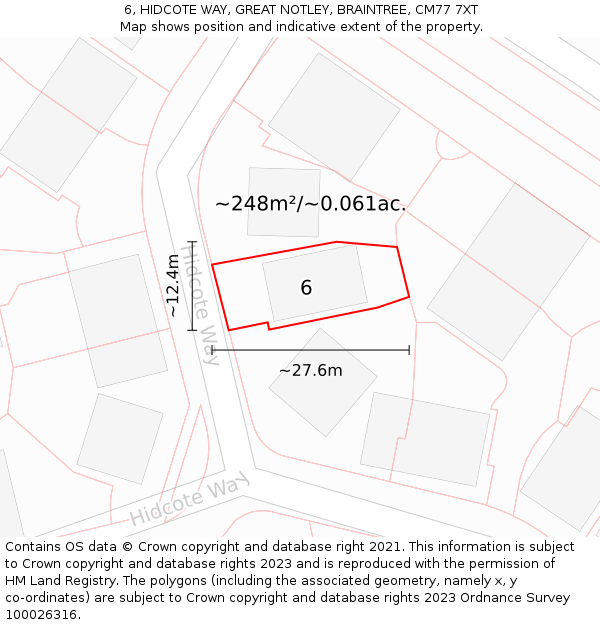 6, HIDCOTE WAY, GREAT NOTLEY, BRAINTREE, CM77 7XT: Plot and title map