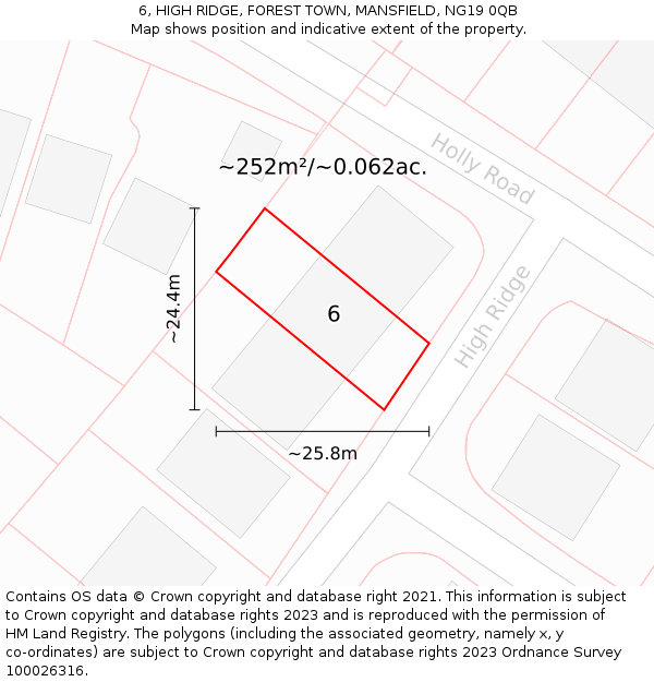 6, HIGH RIDGE, FOREST TOWN, MANSFIELD, NG19 0QB: Plot and title map