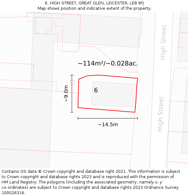 6, HIGH STREET, GREAT GLEN, LEICESTER, LE8 9FJ: Plot and title map