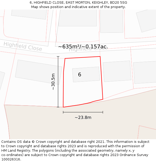 6, HIGHFIELD CLOSE, EAST MORTON, KEIGHLEY, BD20 5SG: Plot and title map