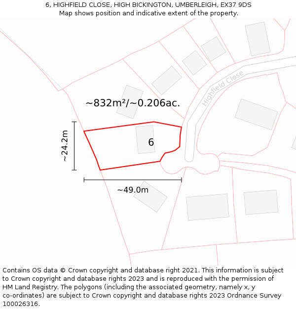 6, HIGHFIELD CLOSE, HIGH BICKINGTON, UMBERLEIGH, EX37 9DS: Plot and title map