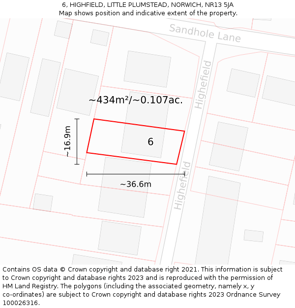 6, HIGHFIELD, LITTLE PLUMSTEAD, NORWICH, NR13 5JA: Plot and title map