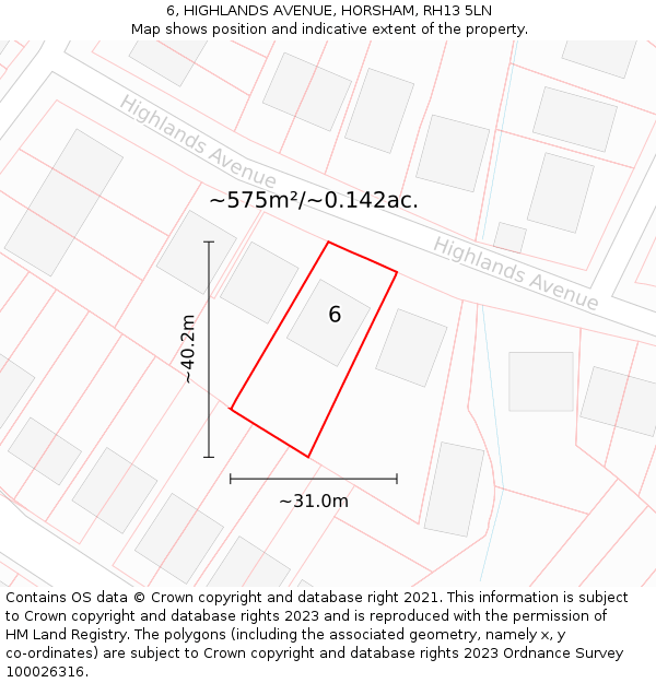 6, HIGHLANDS AVENUE, HORSHAM, RH13 5LN: Plot and title map