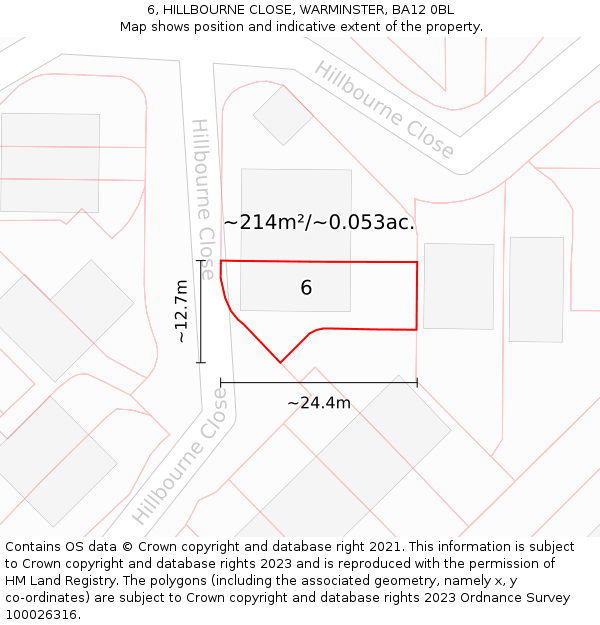 6, HILLBOURNE CLOSE, WARMINSTER, BA12 0BL: Plot and title map