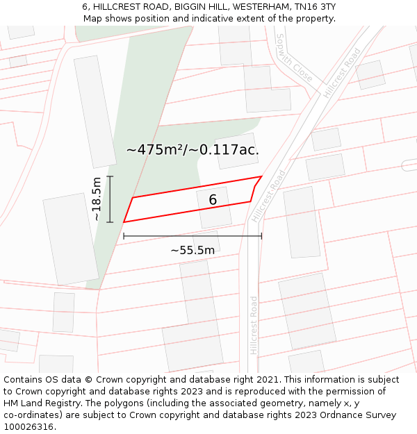 6, HILLCREST ROAD, BIGGIN HILL, WESTERHAM, TN16 3TY: Plot and title map