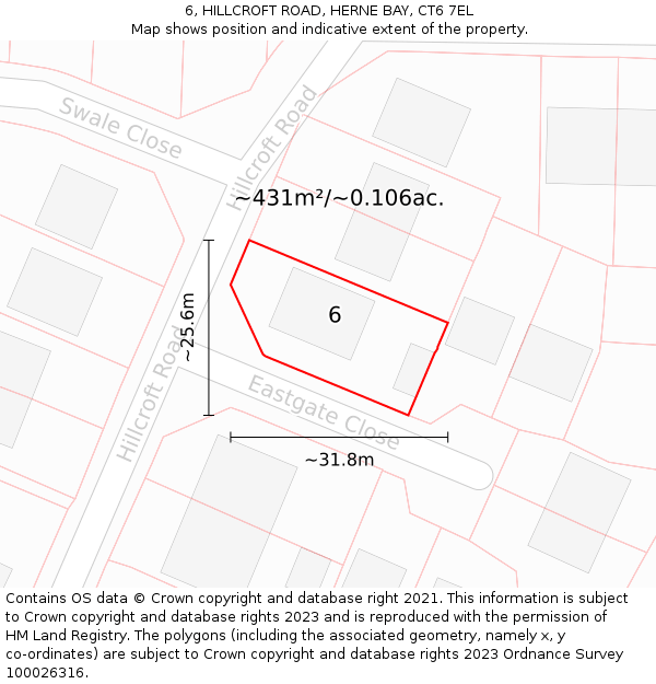 6, HILLCROFT ROAD, HERNE BAY, CT6 7EL: Plot and title map