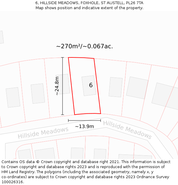 6, HILLSIDE MEADOWS, FOXHOLE, ST AUSTELL, PL26 7TA: Plot and title map