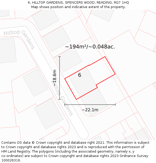 6, HILLTOP GARDENS, SPENCERS WOOD, READING, RG7 1HQ: Plot and title map