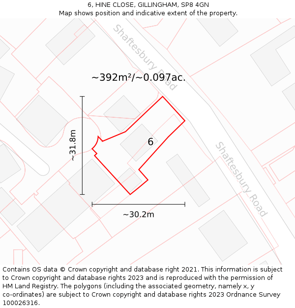 6, HINE CLOSE, GILLINGHAM, SP8 4GN: Plot and title map