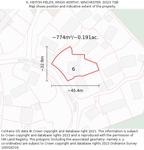 6, HINTON FIELDS, KINGS WORTHY, WINCHESTER, SO23 7QB: Plot and title map