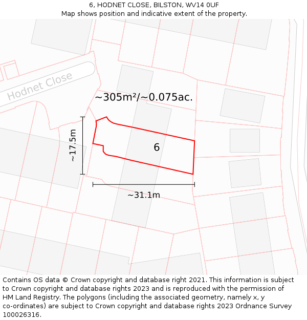 6, HODNET CLOSE, BILSTON, WV14 0UF: Plot and title map