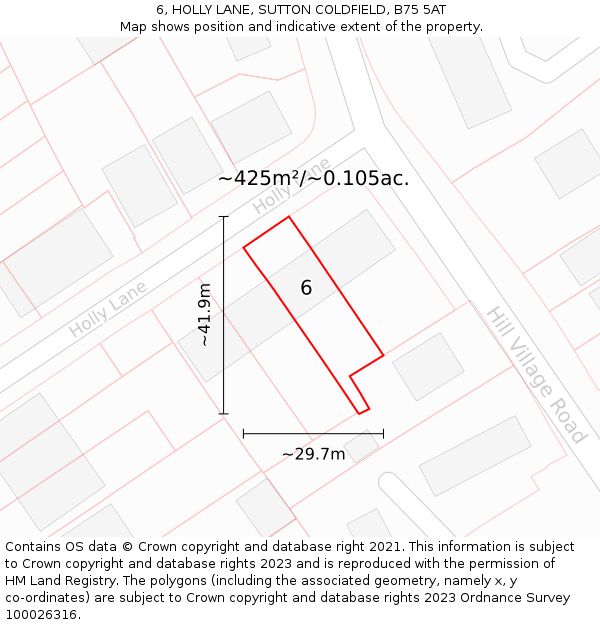 6, HOLLY LANE, SUTTON COLDFIELD, B75 5AT: Plot and title map