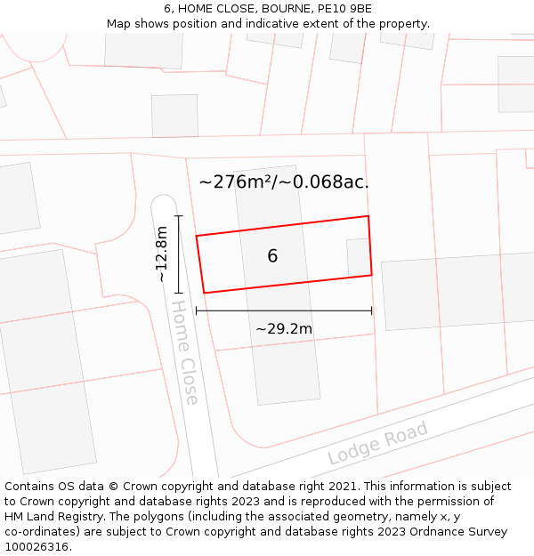 6, HOME CLOSE, BOURNE, PE10 9BE: Plot and title map