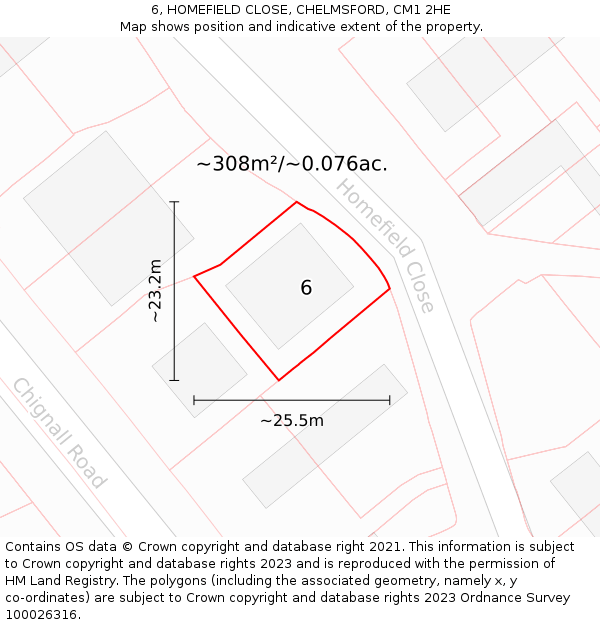 6, HOMEFIELD CLOSE, CHELMSFORD, CM1 2HE: Plot and title map