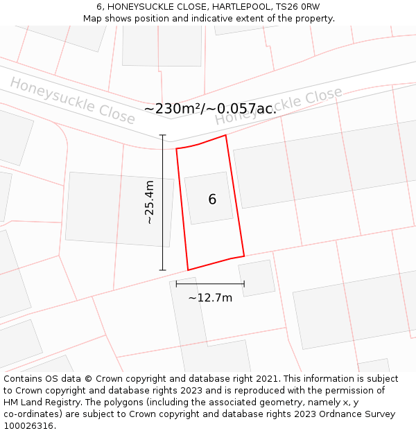 6, HONEYSUCKLE CLOSE, HARTLEPOOL, TS26 0RW: Plot and title map