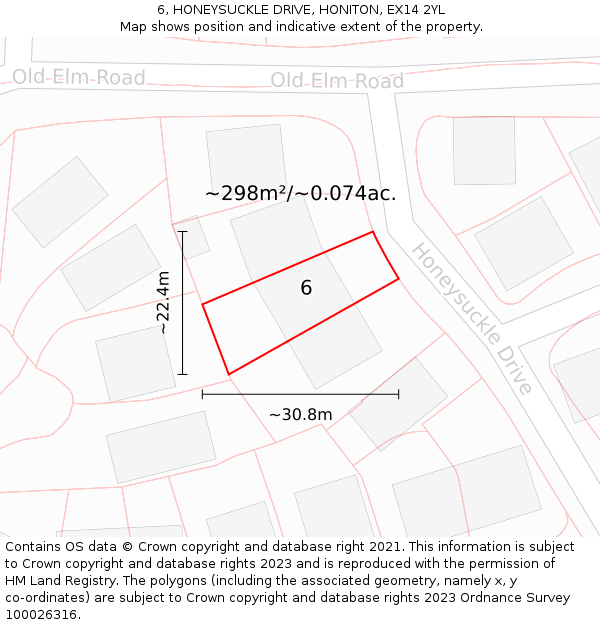 6, HONEYSUCKLE DRIVE, HONITON, EX14 2YL: Plot and title map