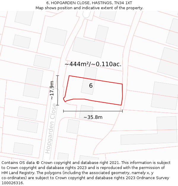 6, HOPGARDEN CLOSE, HASTINGS, TN34 1XT: Plot and title map