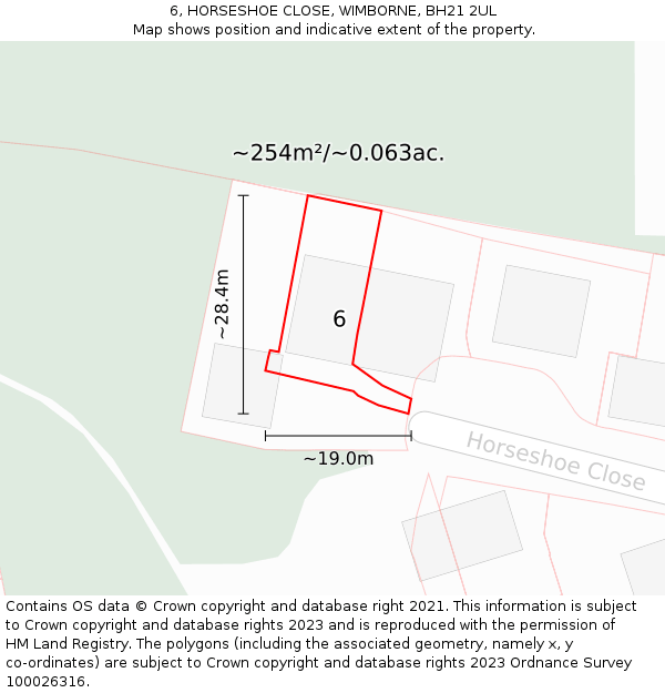 6, HORSESHOE CLOSE, WIMBORNE, BH21 2UL: Plot and title map