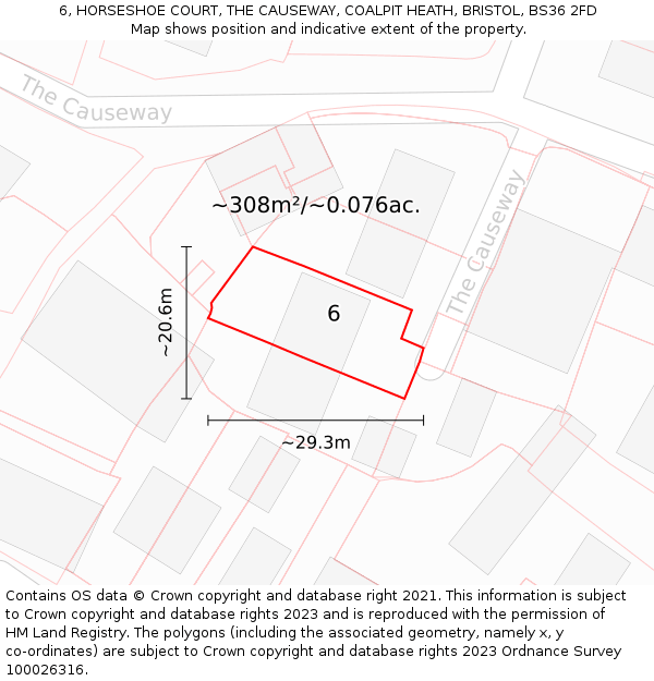 6, HORSESHOE COURT, THE CAUSEWAY, COALPIT HEATH, BRISTOL, BS36 2FD: Plot and title map