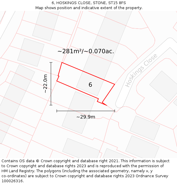 6, HOSKINGS CLOSE, STONE, ST15 8FS: Plot and title map