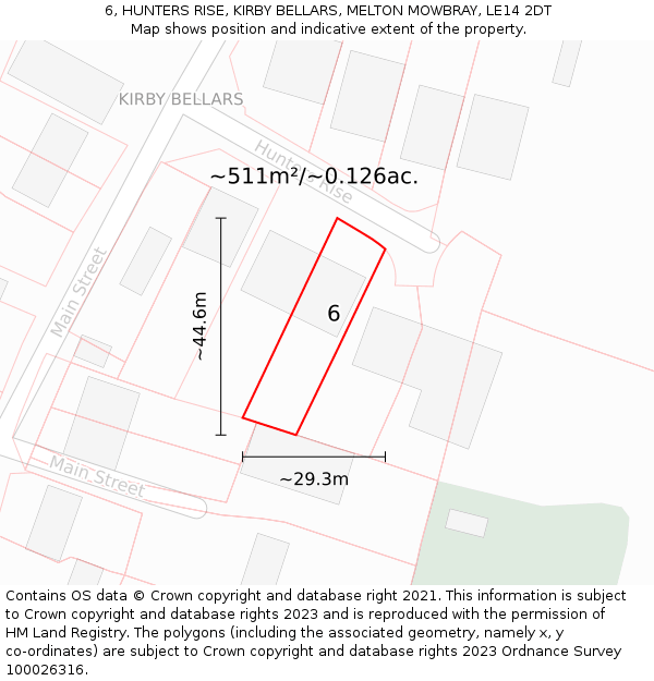 6, HUNTERS RISE, KIRBY BELLARS, MELTON MOWBRAY, LE14 2DT: Plot and title map