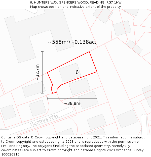 6, HUNTERS WAY, SPENCERS WOOD, READING, RG7 1HW: Plot and title map