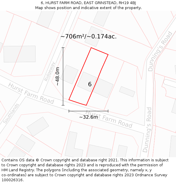 6, HURST FARM ROAD, EAST GRINSTEAD, RH19 4BJ: Plot and title map