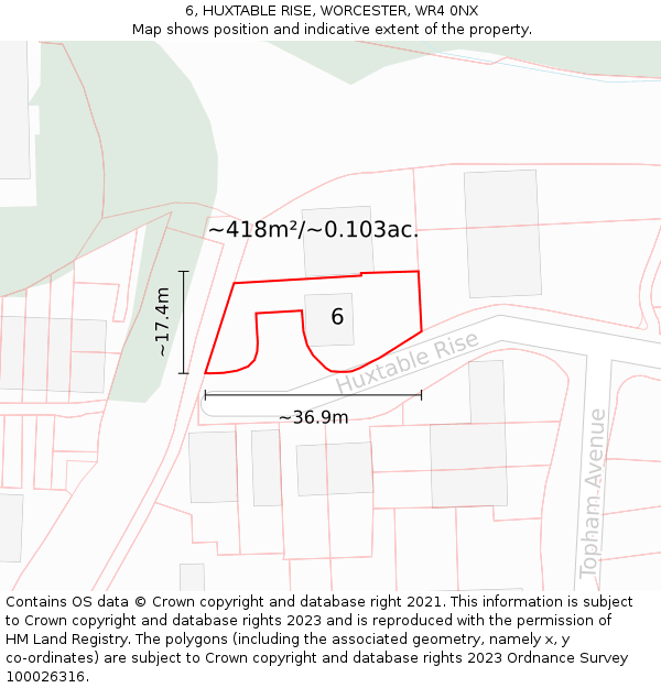 6, HUXTABLE RISE, WORCESTER, WR4 0NX: Plot and title map