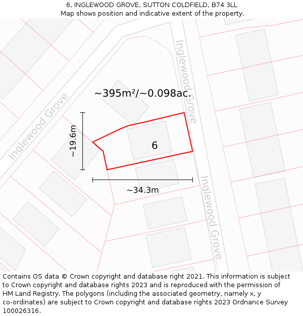 6, INGLEWOOD GROVE, SUTTON COLDFIELD, B74 3LL: Plot and title map