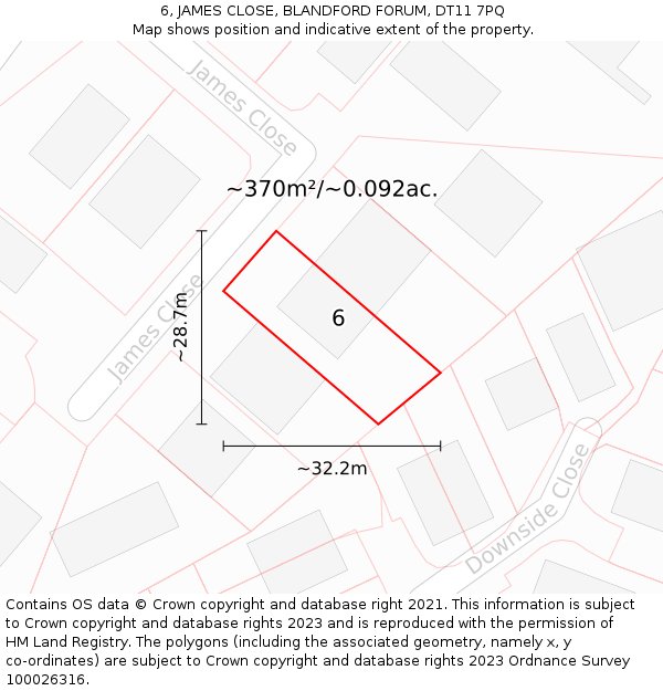 6, JAMES CLOSE, BLANDFORD FORUM, DT11 7PQ: Plot and title map