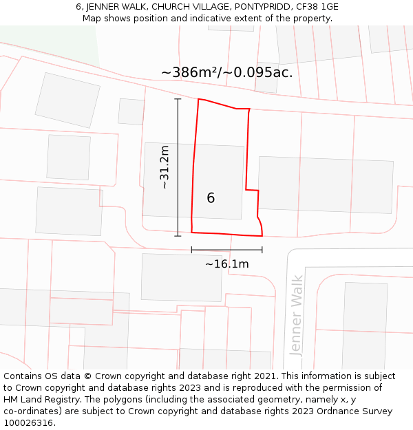 6, JENNER WALK, CHURCH VILLAGE, PONTYPRIDD, CF38 1GE: Plot and title map